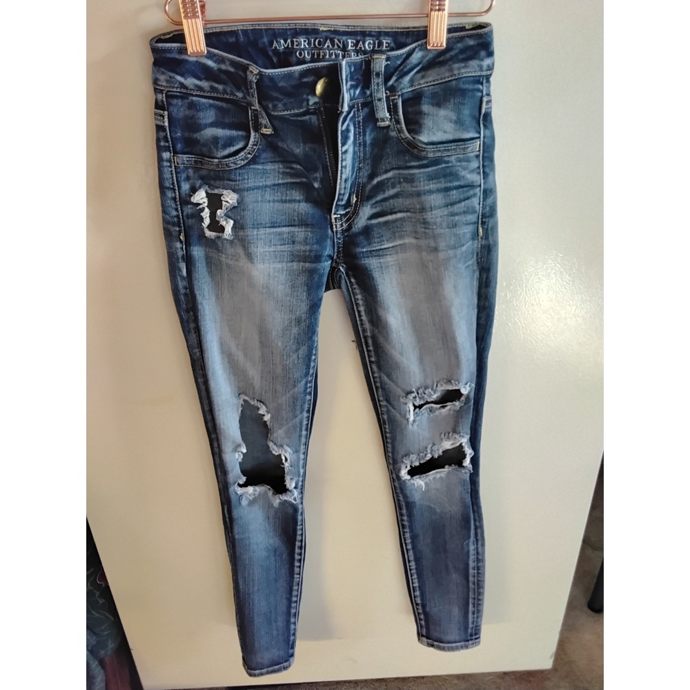 American Eagle Super Stretch Distressed Ripped Skinny Jeans Dark Wash Size 0